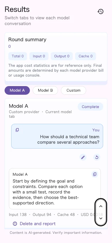 An AI model comparison app for iPhone lets you review responses side by side with available latency, token, cache, and estimated cost details. This mobile AI model comparison and LLM answer comparison workflow keeps each model context independent.